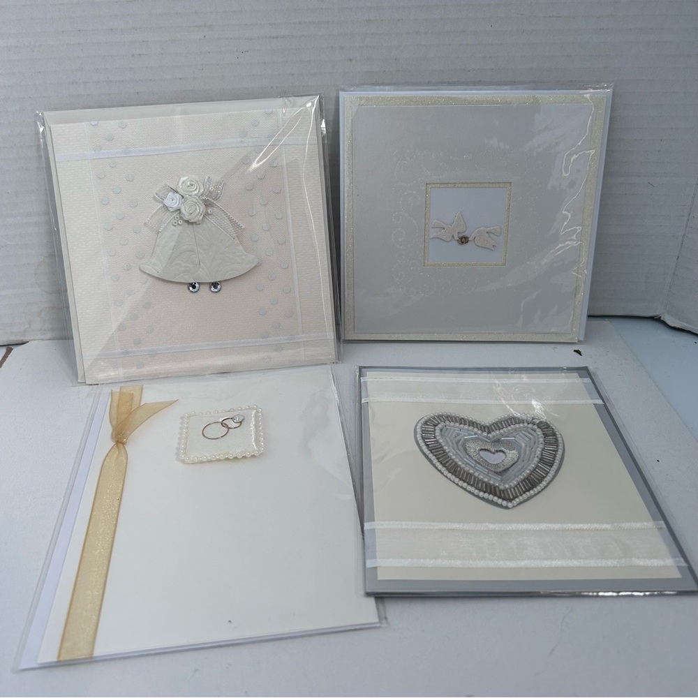 Set of 4 Cream and Silver Greeting Cards for wedding, engagement or Valentine